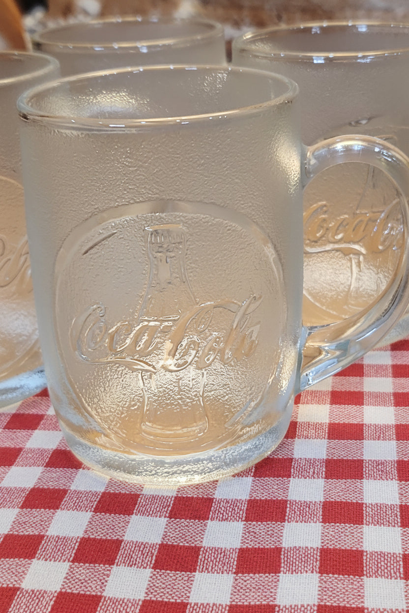 Vintage Frosted Embossed Coca-Cola Tableware Set for 4 Plates, Bowls, Mugs Discontinued ccset