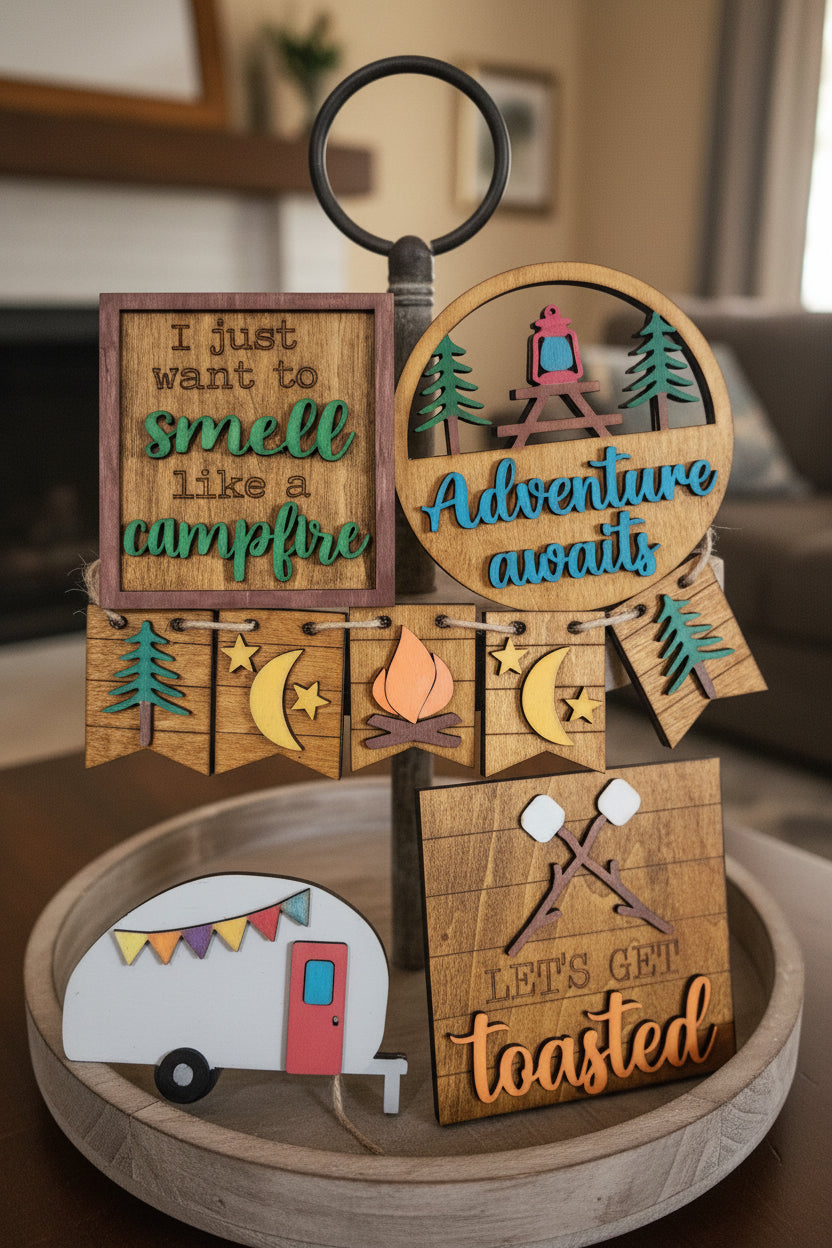 Tier Tray Decorations Handcrafted Camping Camper Adventure Campfire ttm1