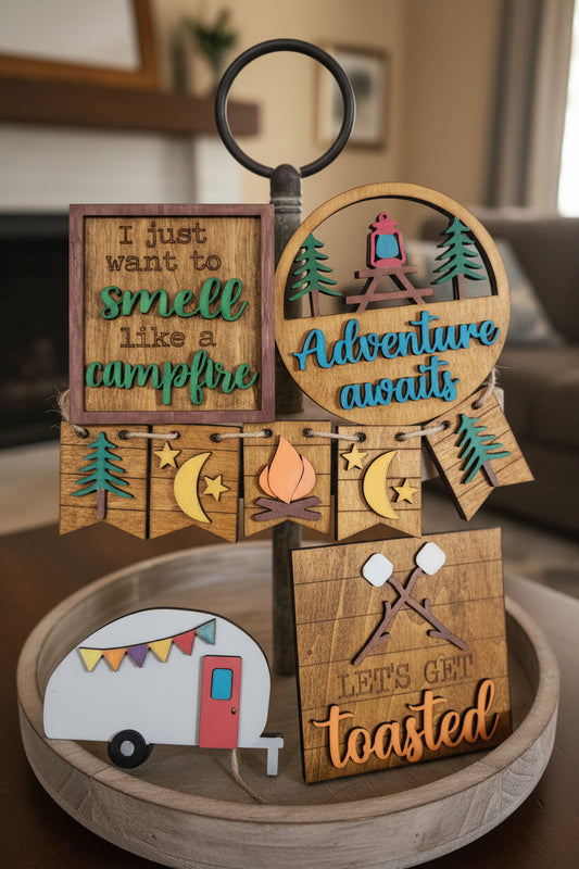 Tier Tray Decorations Handcrafted Camping Camper Adventure Campfire ttm1