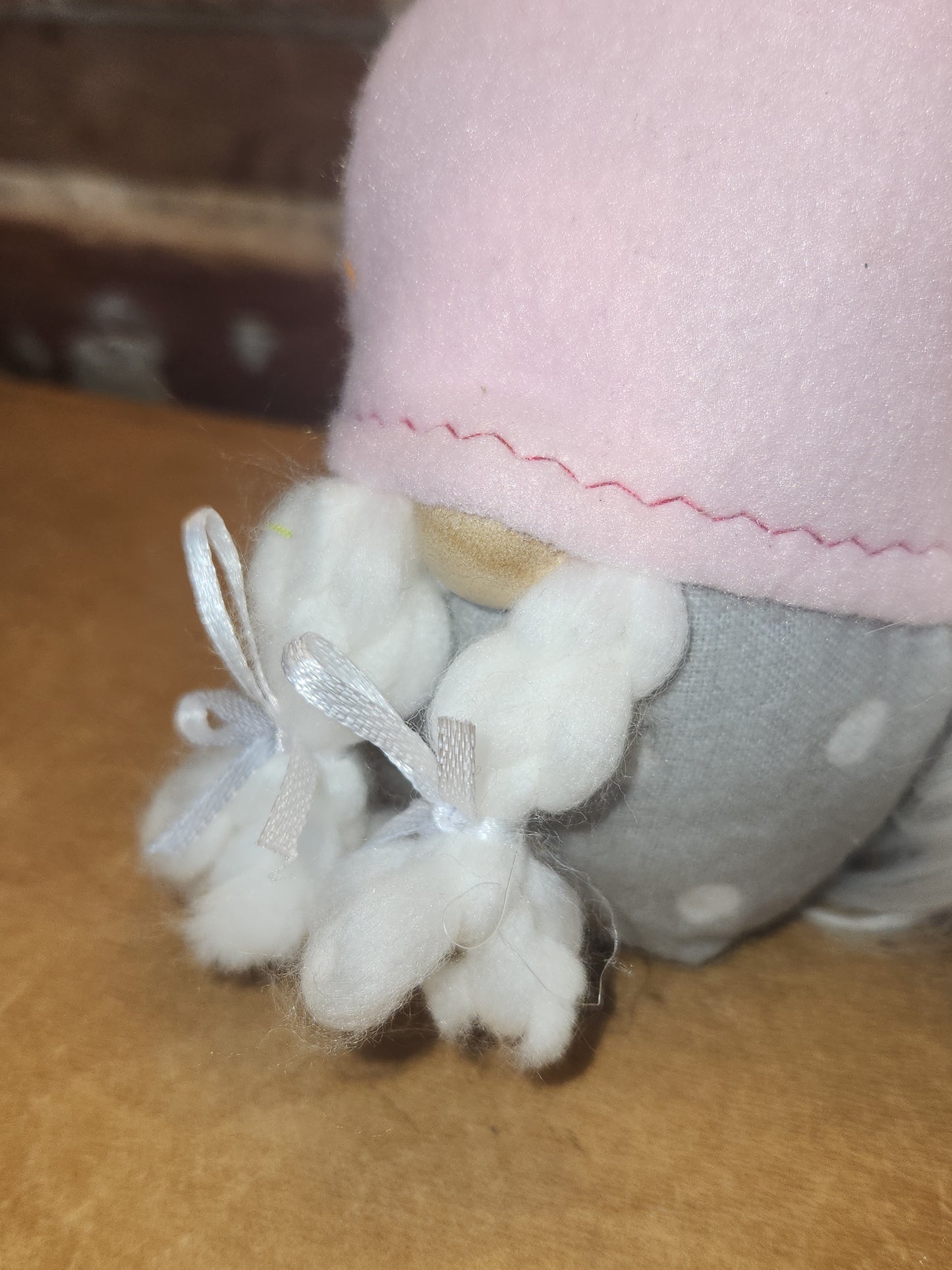 Set of Two 7” Gnomes with Grey Dotted Body, White Beard Pink Bunny Hat gn4