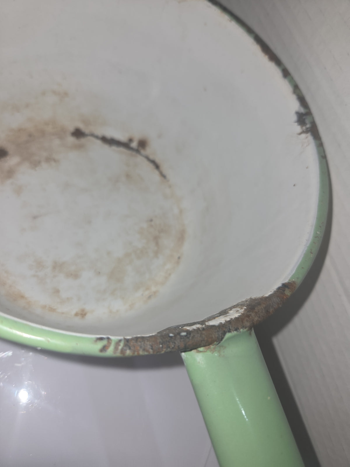 Vintage Enamelware Sauce Pan Cream Green Trim White Inside en90