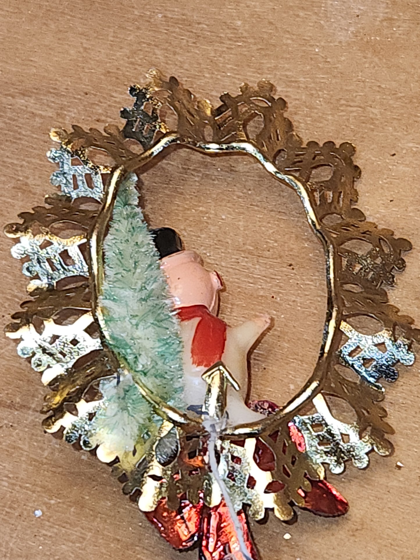 Vintage Commodore Ornament with Celluloid Snowman Chinelle Tree Plastic Bow sm17