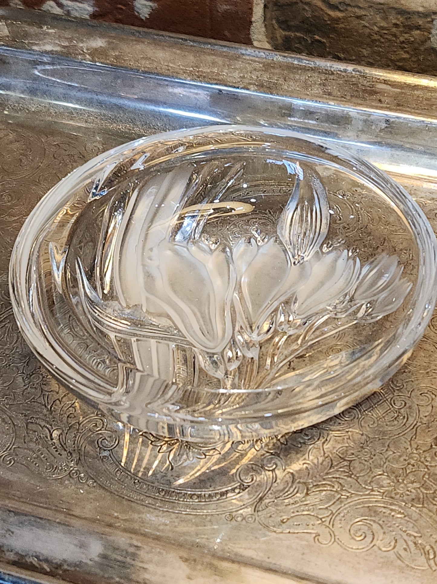 Vintage Mikasa Pressed Glass Parisian Iris Candy Dish Flowers Clear and Frosted gl08