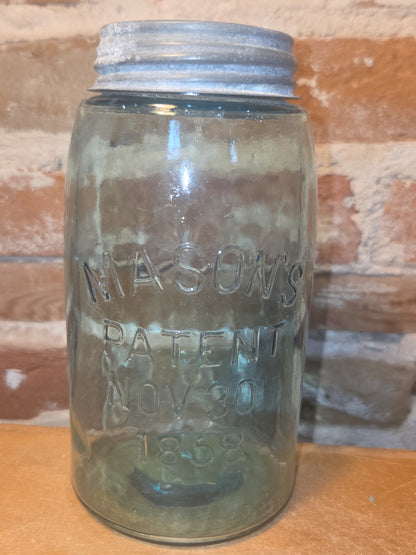 Vintage Mason's Jar Patent Nov 30th 1858 Aqua Glass Zinc Lid jar99