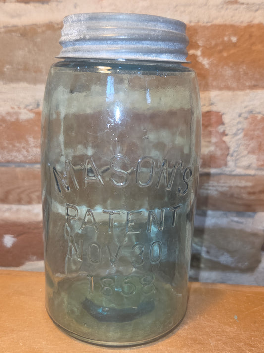 Vintage Mason's Jar Patent Nov 30th 1858 Aqua Glass Zinc Lid jar99