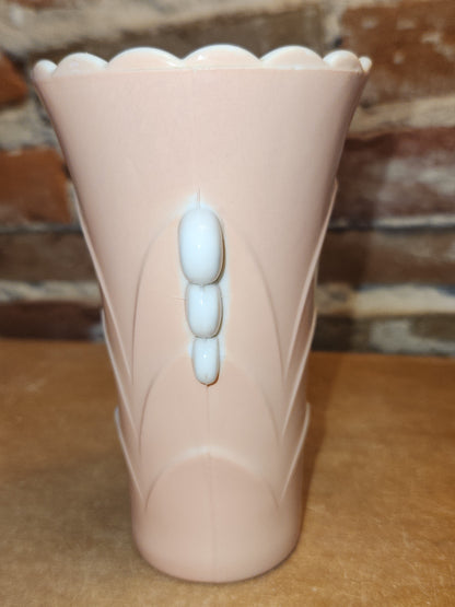 Vintage Vitrock Uranium Glass Vase Peach and White Scalloped Edges Beaded Handles Art Deco Vase GLOWS GREEN gl90