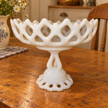 Vintage Westmoreland Milk Glass Compote Bowl Pedestal Doric Pattern Open Lace mg87
