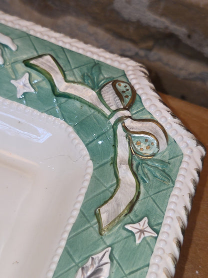Vintage Claire Burke 2001 Holiday Collection Ceramic Pedestal AND Embossed Candy Dish Green with Bows vcd1