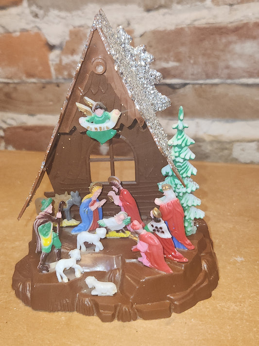 Vintage Plastic Celluloid 6" Triangle Nativity Made in China Mica AS IS n22