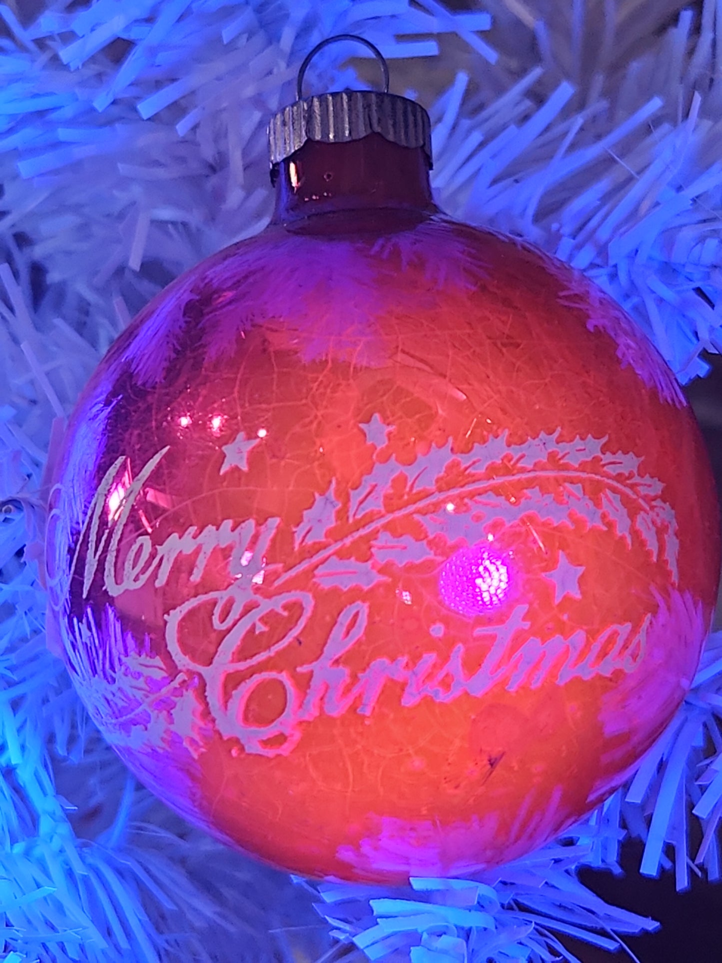 Vintage Shiny Brite Stenciled Merry Christmas Hot Pink Glass Ornament vo21