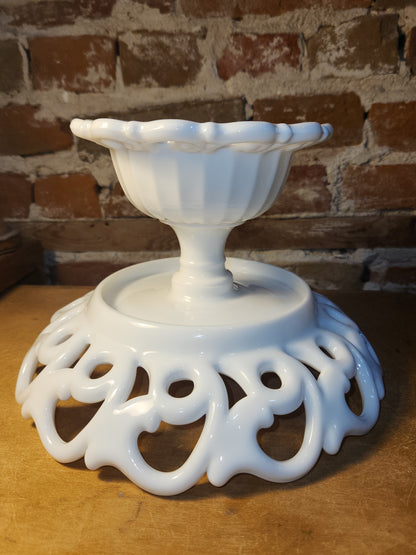 Vintage Fostoria Milk Glass Compost Pedestal Footed Fruit Bowl Monroe Pattern Lace-edge Loop and Open Loop mg12