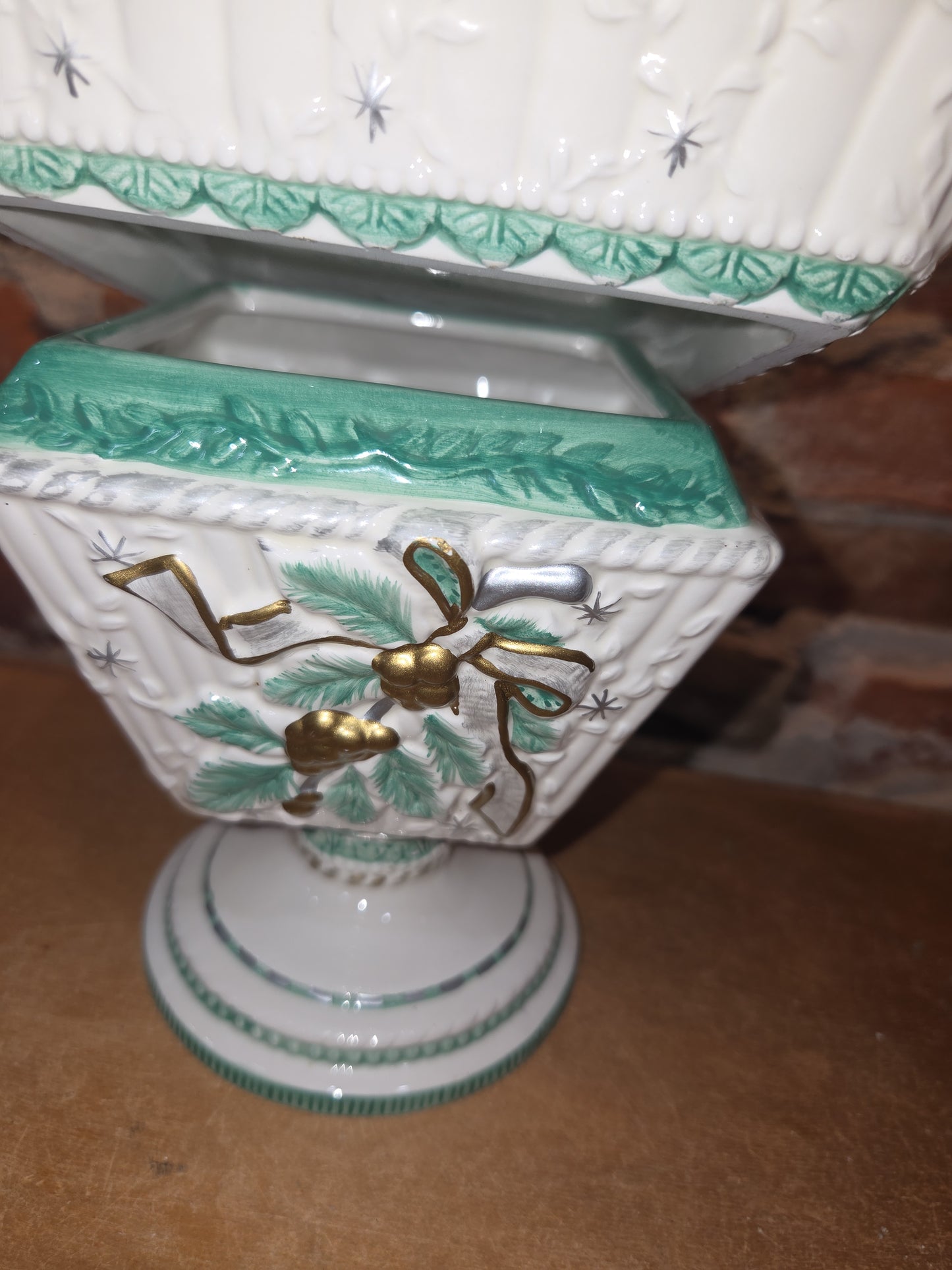 Vintage Claire Burke 2001 Holiday Collection Ceramic Pedestal AND Embossed Candy Dish