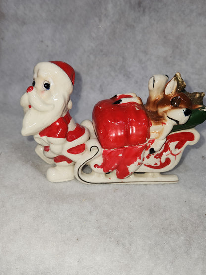 Vintage Kreiss Santa Pulling His Sleigh While his Reindeer are Snoozing inside Sleigh planter candy dish