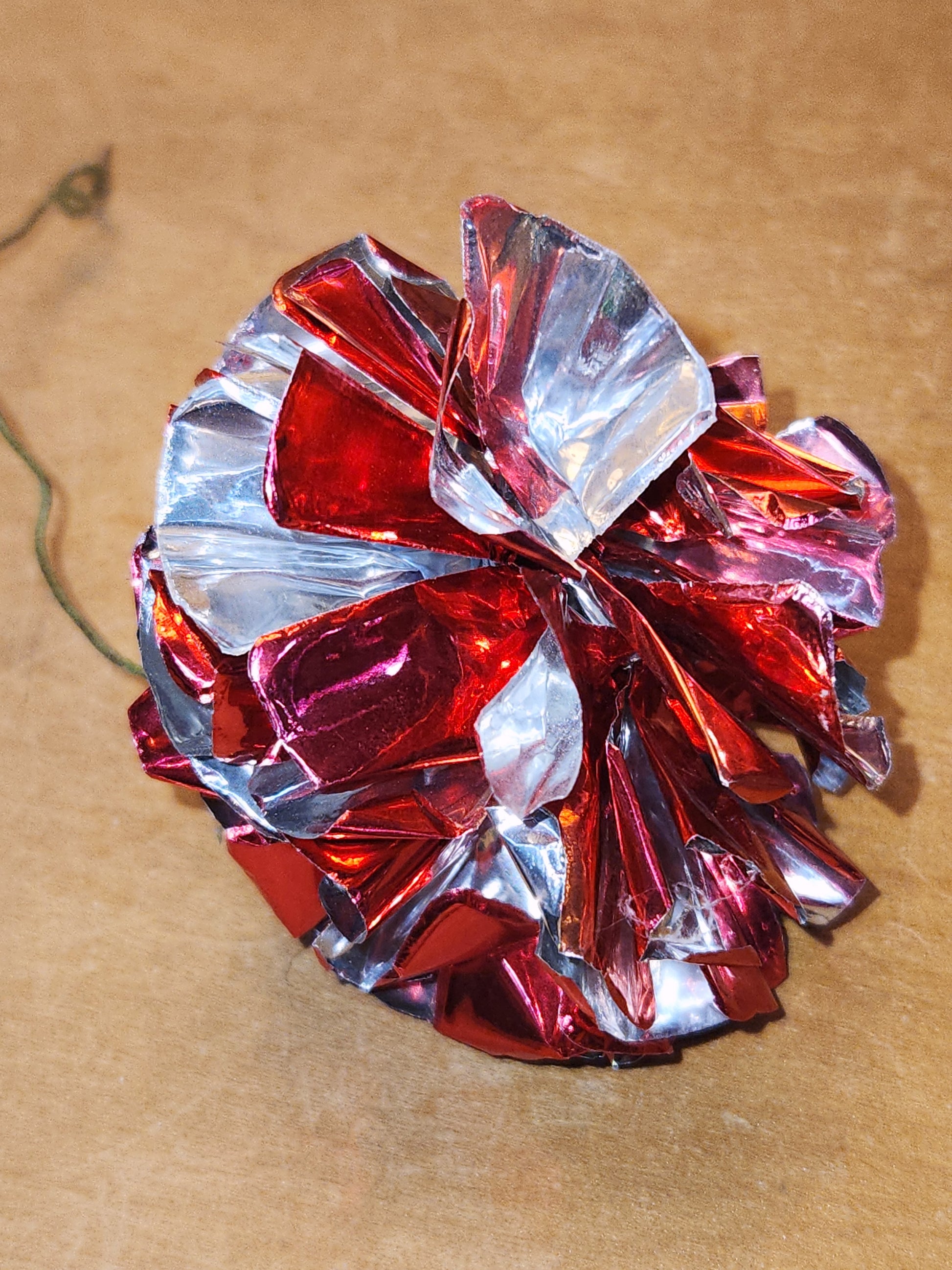 Vintage Crinkle Ball Ornaments or Picks Set of 3 Pinkish Red and Green vo21