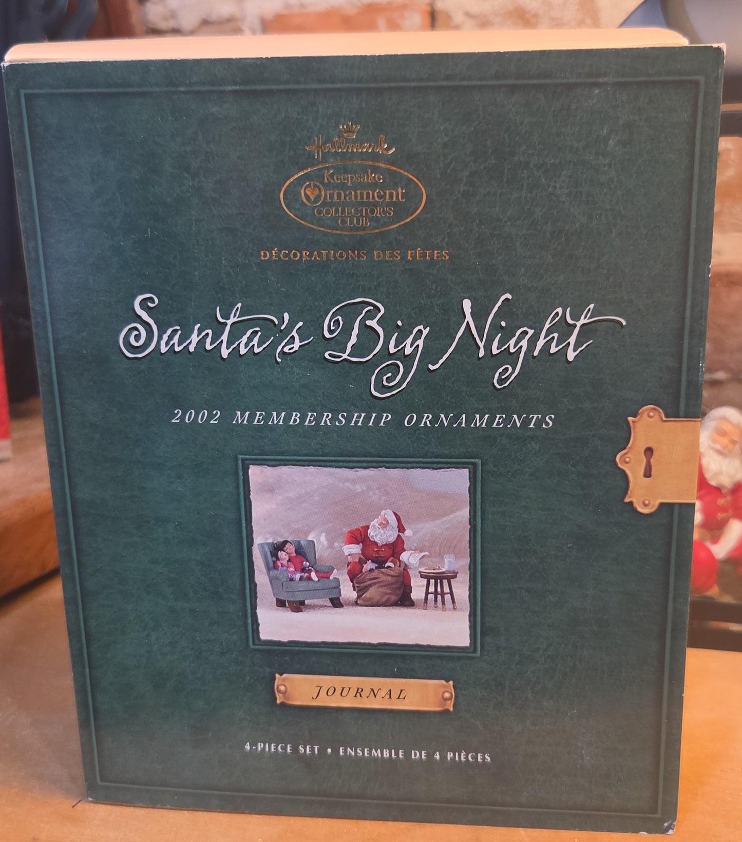 Assemblage in Lantern with Lighted Tree and Hallmark Ornament Set Santa's Big Night 2002 Membership Ornaments Set of 4 as7