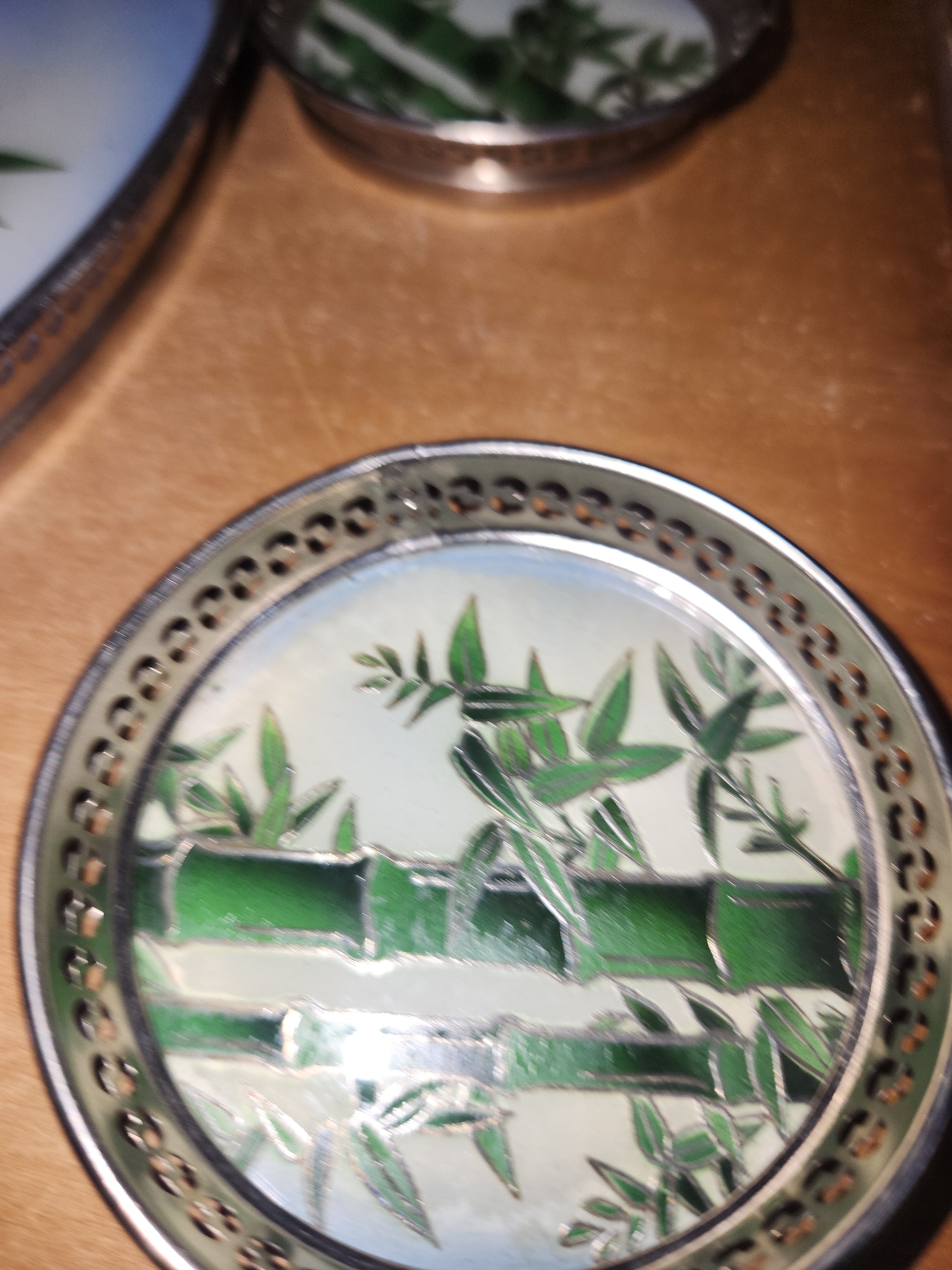 Vintage BP Glass and Stainless Tray & 6 Coaster Set with Bamboo Design Made in Japan MCM AS IS tr1