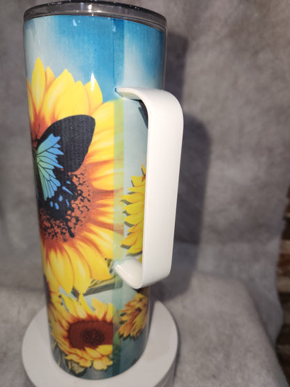 20 oz stainless steel, insulated, tumbler with handle Sunflower & Butterflies th66