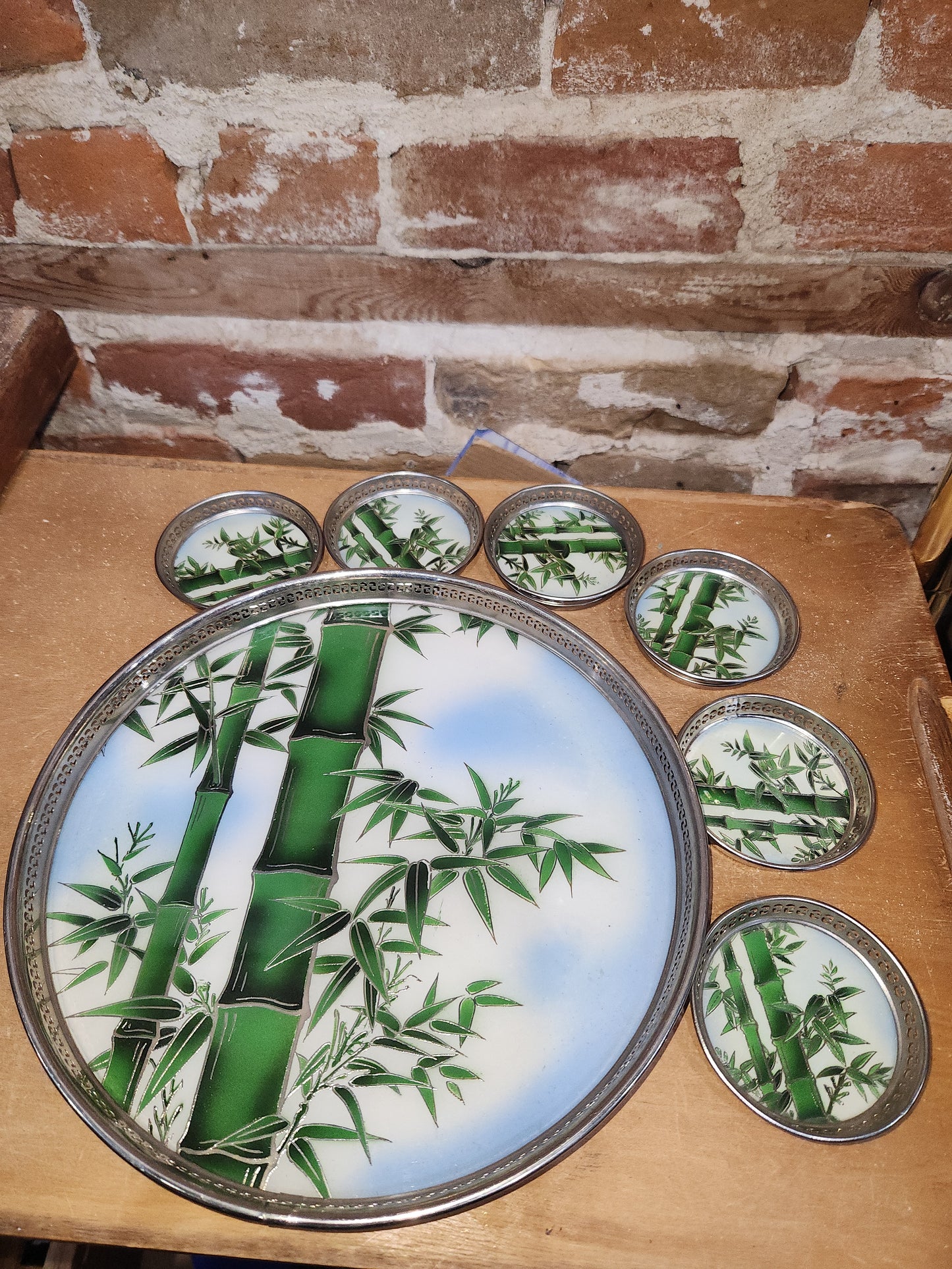 Vintage BP Glass and Stainless Tray & 6 Coaster Set with Bamboo Design Made in Japan MCM AS IS tr1