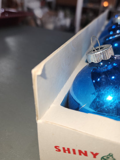 Vintage Shiny Brite Glass Christmas Ornaments Five 3" Blue Shades in Fanci-Pak Box As Is sb12