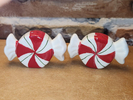 Salt and Pepper Shakers Mint Candies AS IS Messy Paint Job sp17