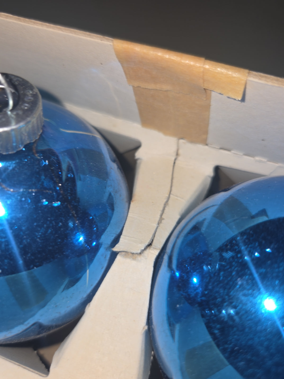Vintage Shiny Brite Glass Christmas Ornaments Five 3" Blue Shades in Fanci-Pak Box As Is sb10