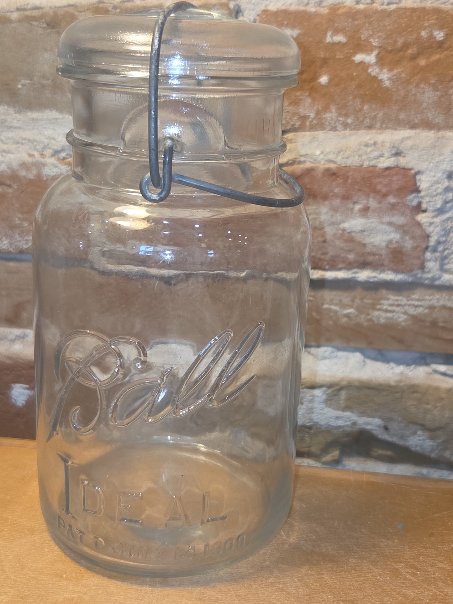 Vintage Ball Quart Jar Ideal Pat'd July 14, 1908 Clear Glass with Wire Bail and Glass Lid jar076