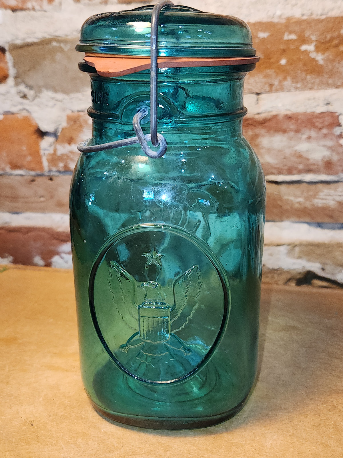 Vintage Ball Ideal Green Blue Teal Jar Bicentennial Eagle Wire Seal jar2