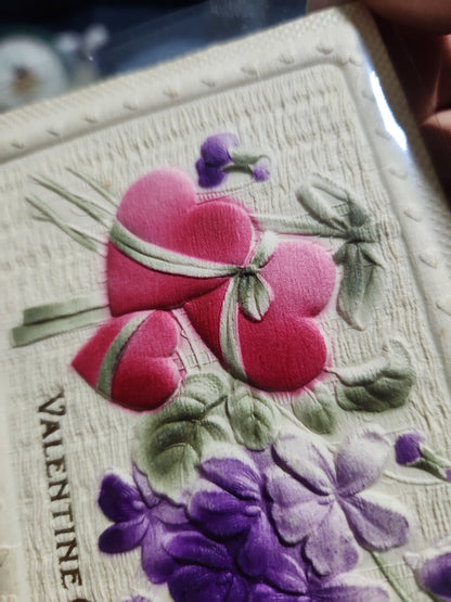 Antique Valentine post card Valentine Greeting Embossed Hearts and Violets