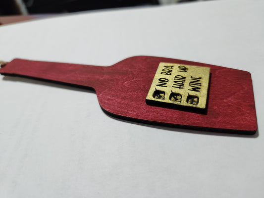 Wine tag. Check No Bra. Check Hair up. Check Wine. Wine bottle