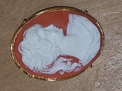 Vintage Italian Sardonyx Shell Cameo Pin Brooch Hand Carved Italia Francesca Gold Tone