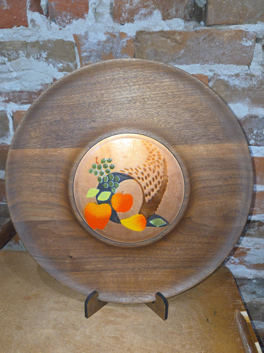 Vintage Walnut Food Tray Enameled Copper Designed by Ernest Sohn MCM 13 3/4” vw8
