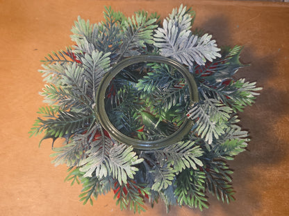 Vintage Christmas Candle Ring Centerpiece Plastic Greenery Flocked Apples Poinsettia AS IS cr5
