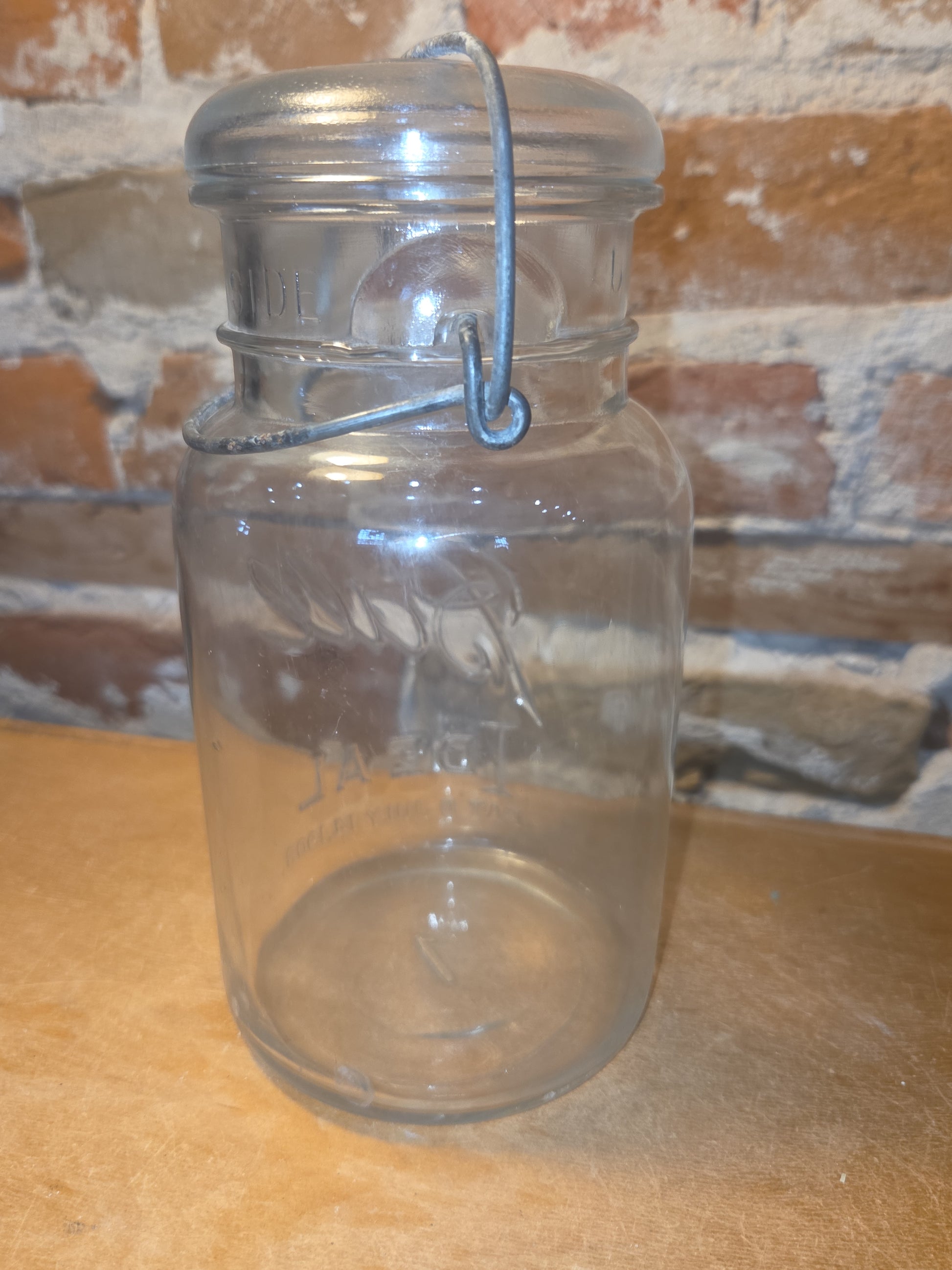 Vintage Ball Quart Jar Ideal Pat'd July 14, 1908 Clear Glass with Wire Bail and Glass Lid jar076