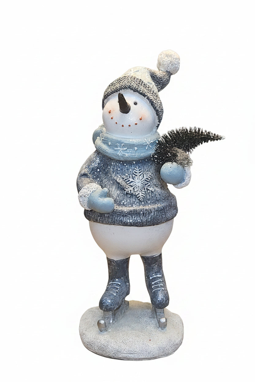 Resin Skating Snowman Blue White with Tree sm07