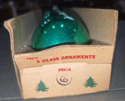 Vintage Shiny Brite Glass Christmas Ornaments Five 2" Green Shades in Fanci-Pak Box As Is bo51