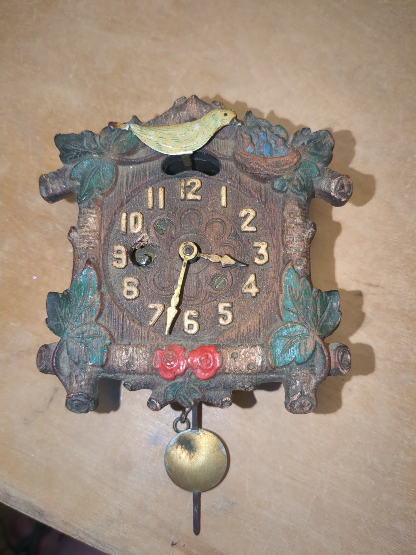 Vintage August C. Keebler Co. Pendulette Clock Red Flowers Blue Birds Nest Small AS IS Not Tested cl4