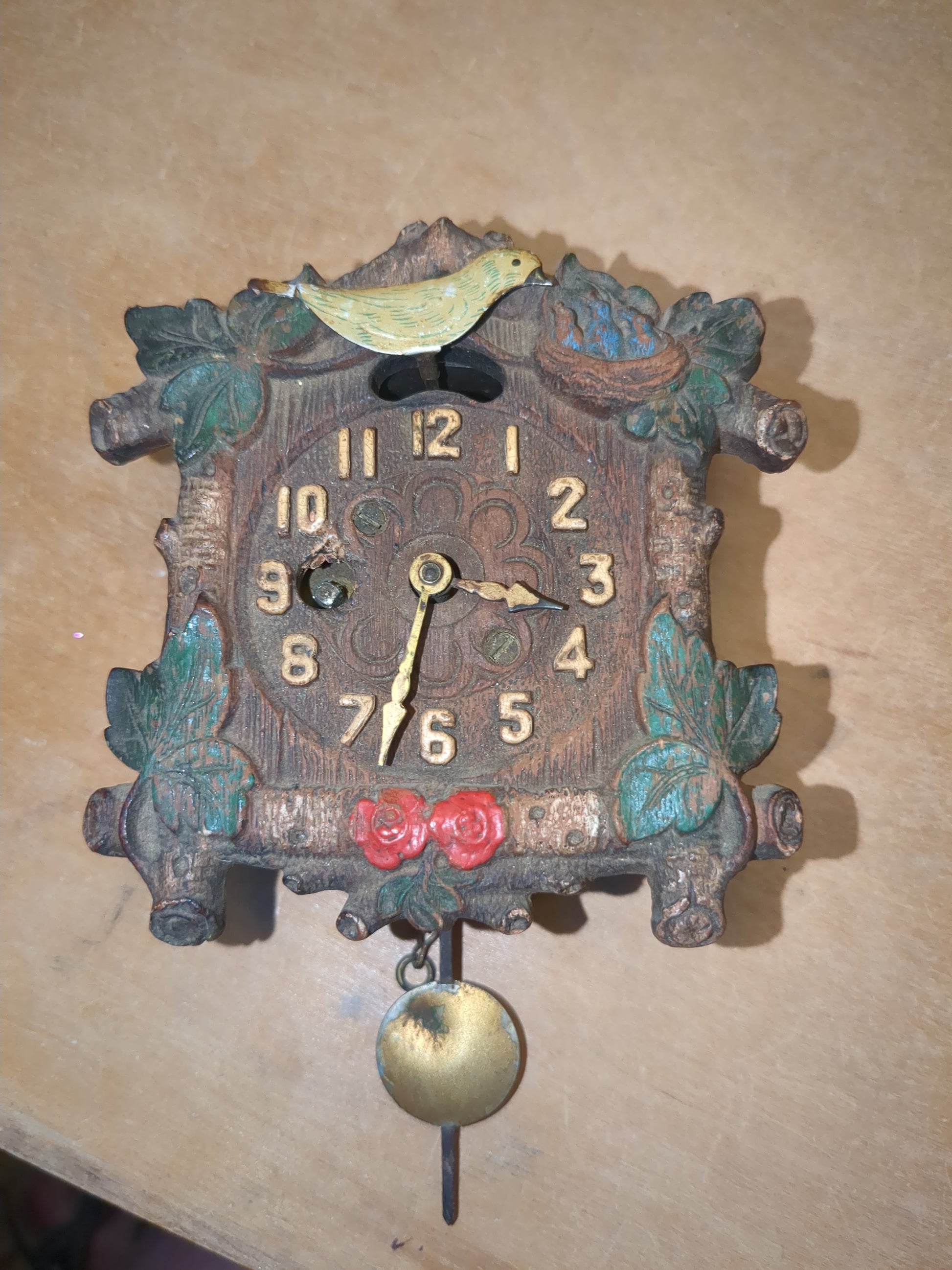 Vintage August C. Keebler Co. Pendulette Clock Red Flowers Blue Birds Nest Small AS IS Not Tested cl4