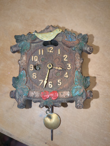 Vintage August C. Keebler Co. Pendulette Clock Red Flowers Blue Birds Nest Small AS IS Not Tested cl4