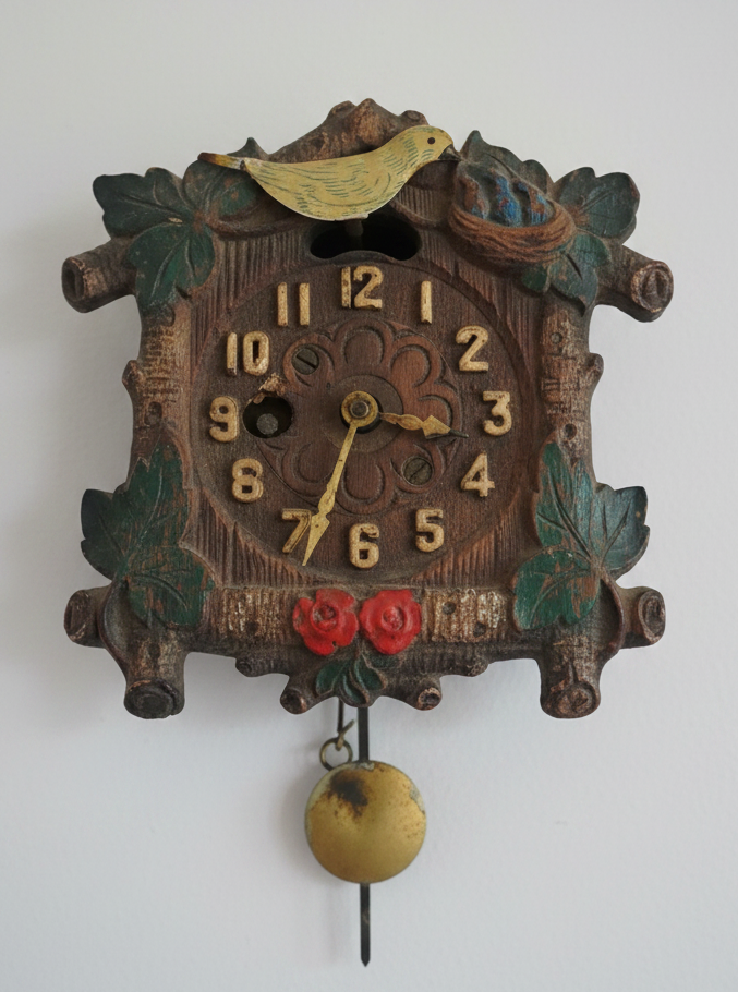 Vintage August C. Keebler Co. Pendulette Clock Red Flowers Blue Birds Nest Small AS IS Not Tested cl4