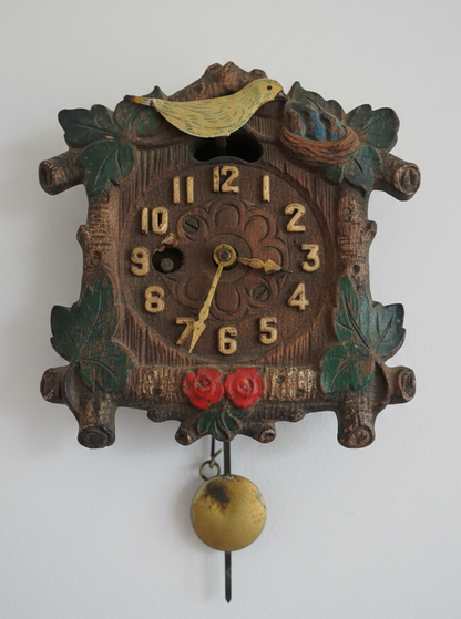 Vintage August C. Keebler Co. Pendulette Clock Red Flowers Blue Birds Nest Small AS IS Not Tested cl4