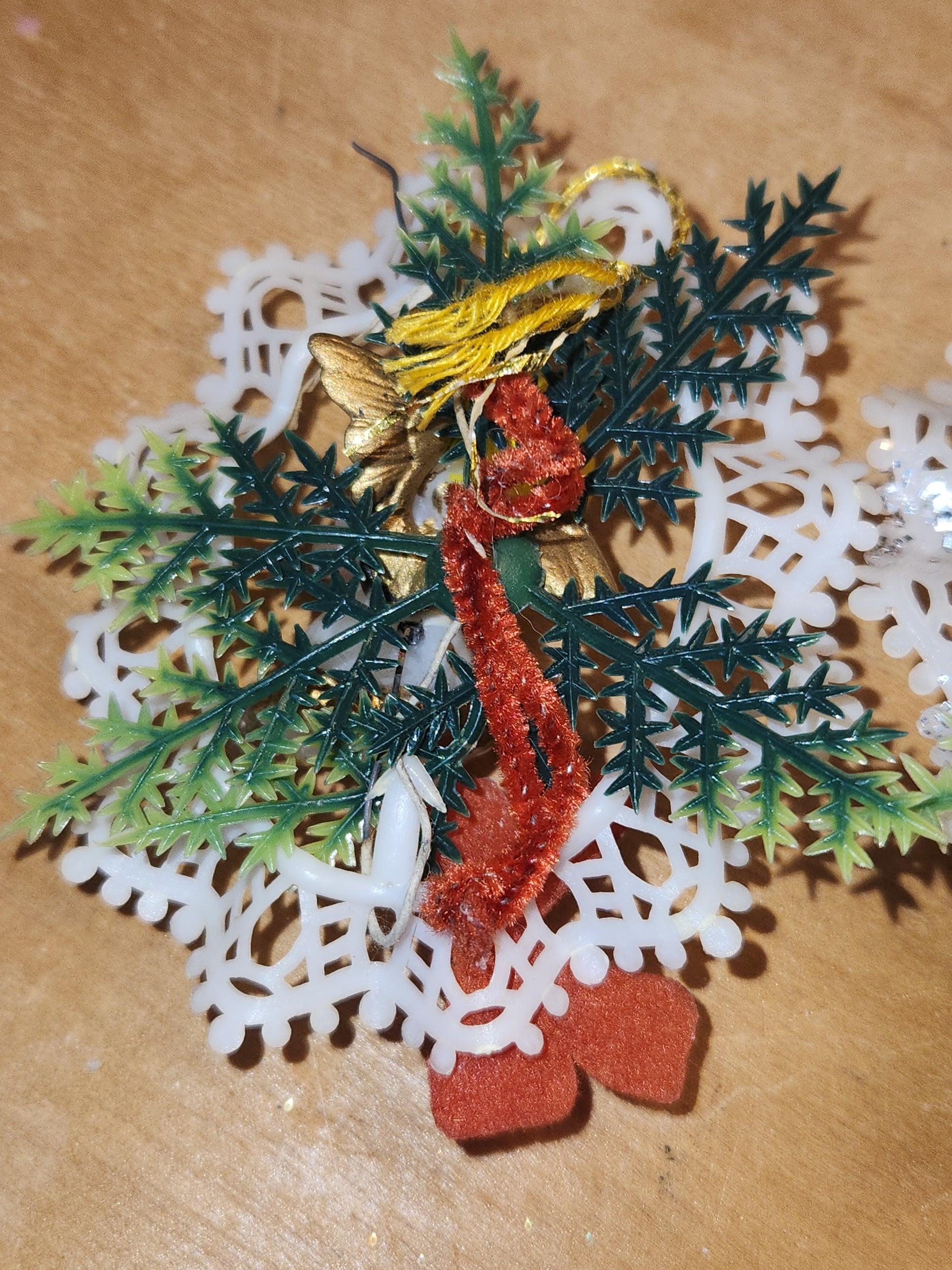 Vintage Plastic 1960s Commodore or Commodore Like Ornaments with Santa and Angel, Greenery Plastic Bow AS IS sm18
