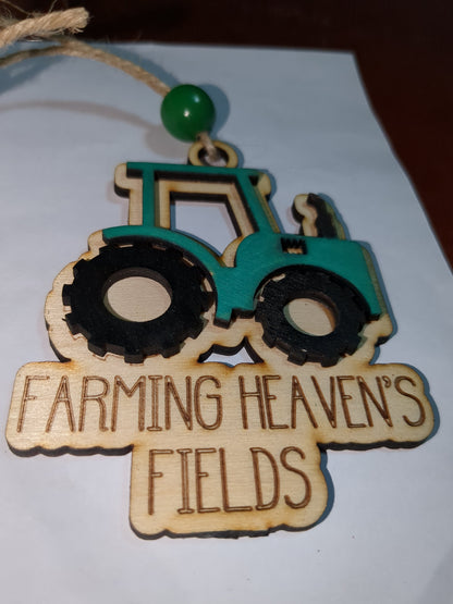 Ornament or car charm memorial green tractor "Farming Heaven's Fields"