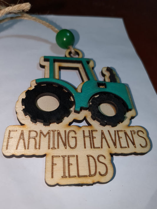 Ornament or car charm memorial green tractor "Farming Heaven's Fields"