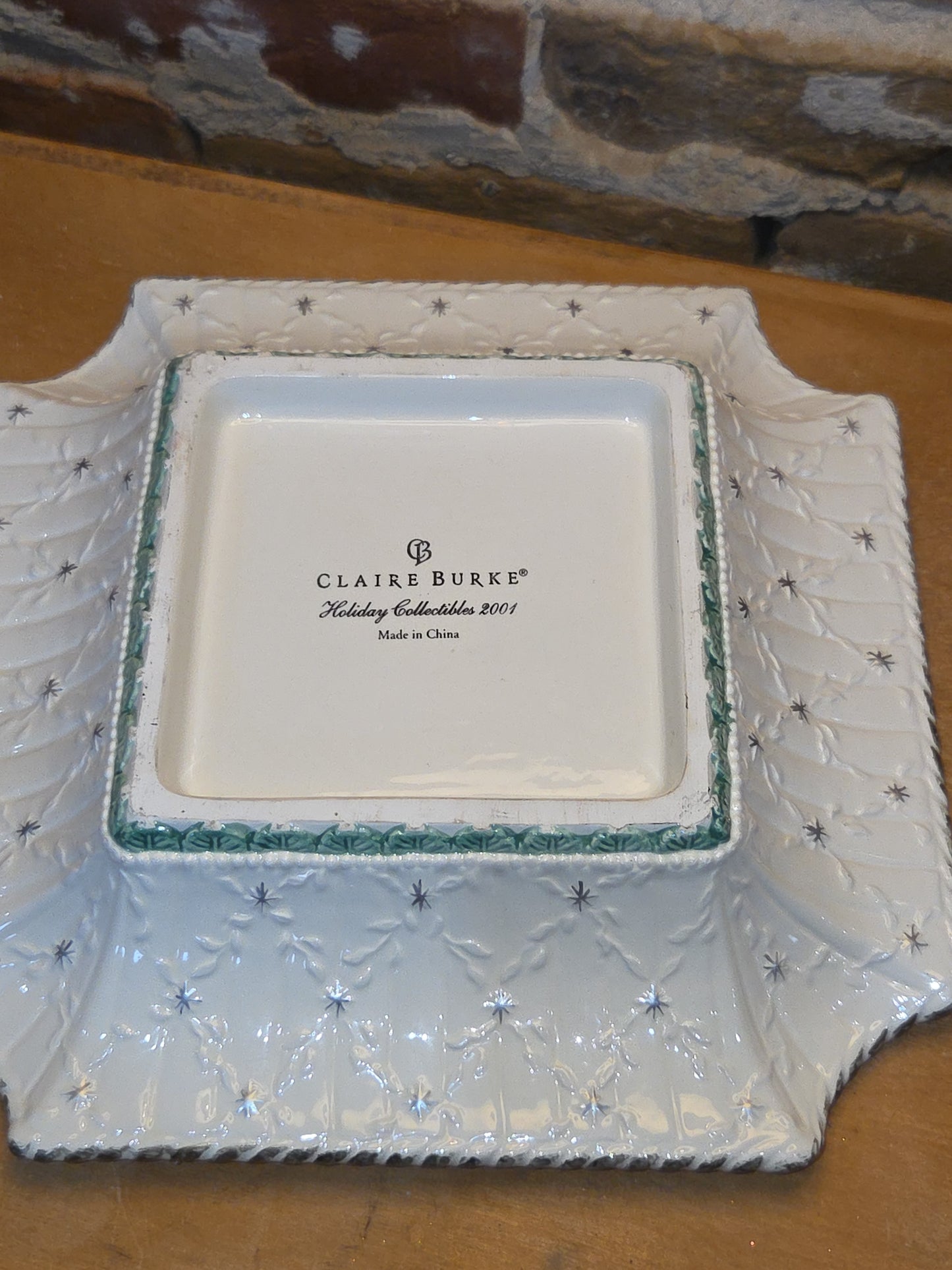 Vintage Claire Burke 2001 Holiday Collection Ceramic Pedestal AND Embossed Candy Dish Green with Bows vcd1