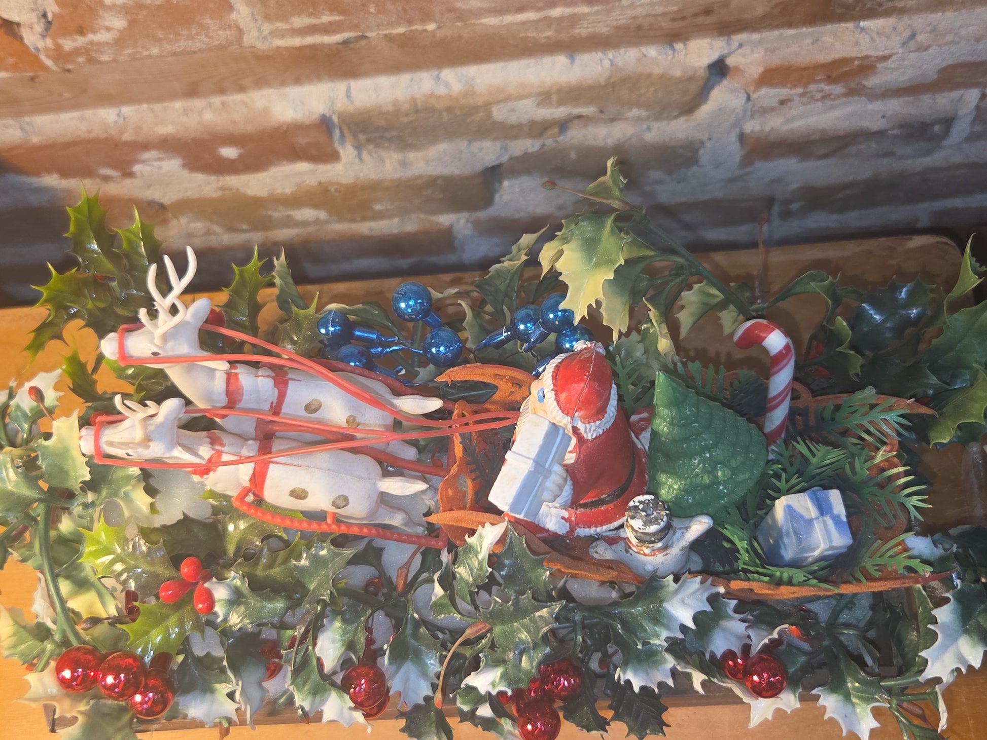 Assemblage With Vintage Blow Mold Santa and Reindeer Flocked Sleigh va98