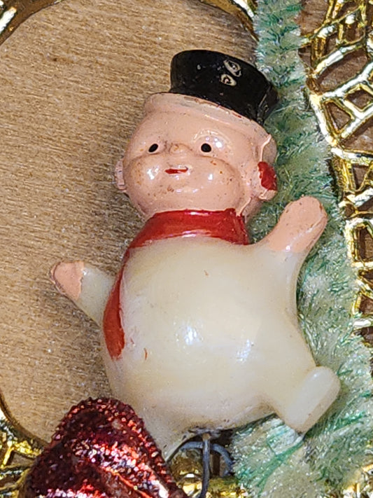 Vintage Commodore Ornament with Celluloid Snowman Chinelle Tree Plastic Bow sm17