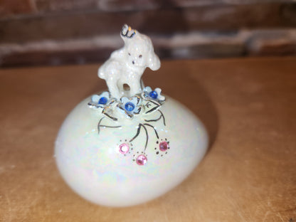 Vintage Porcelain Egg with 3D Lamb Butterfly Flowers and Leaves Gold Accents. Eg9