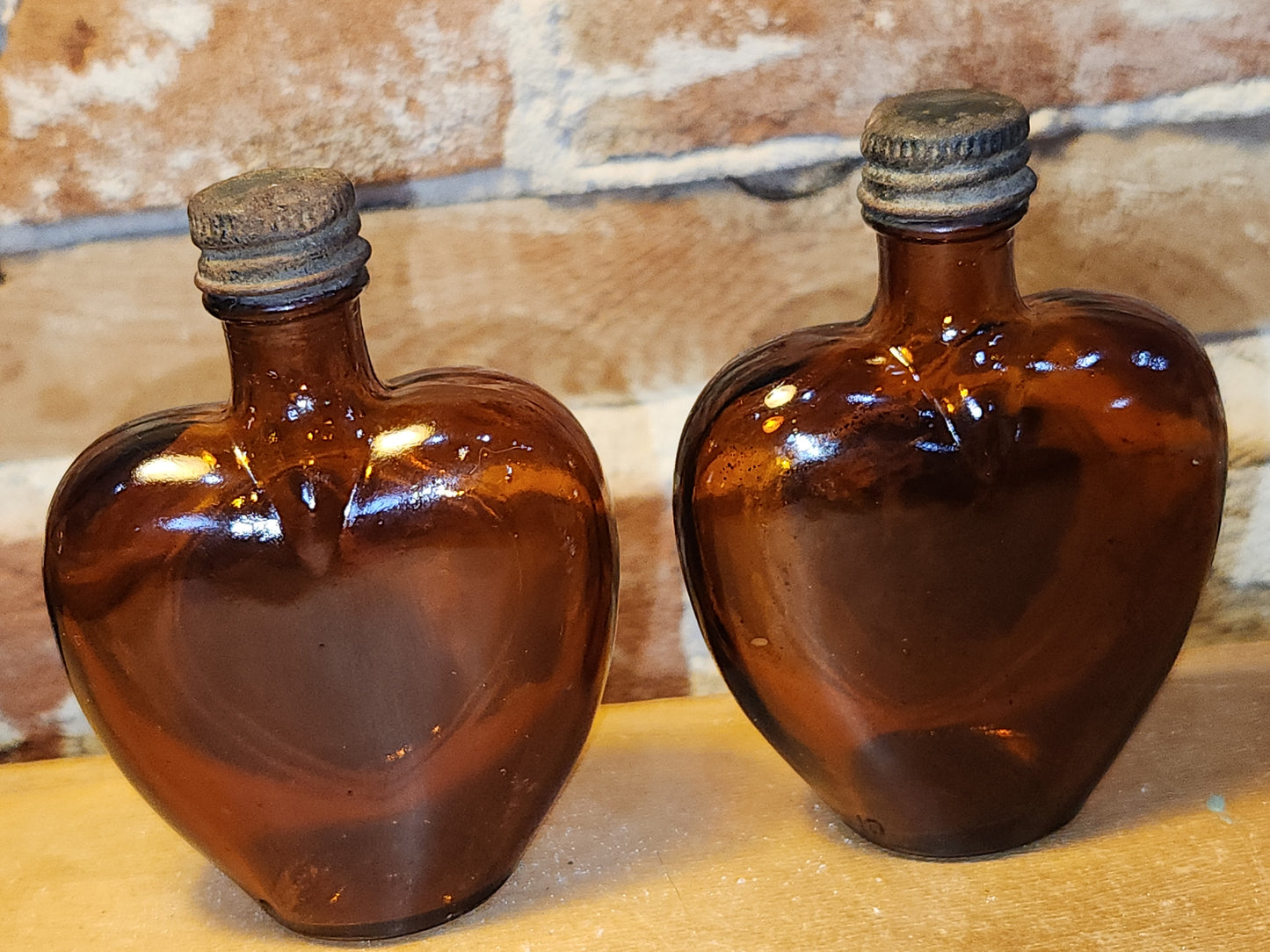 Vintage Liquor Bottles Paul Masson Rare Dry Sherry Heart Shaped Amber Glass Set of 2 vlb01