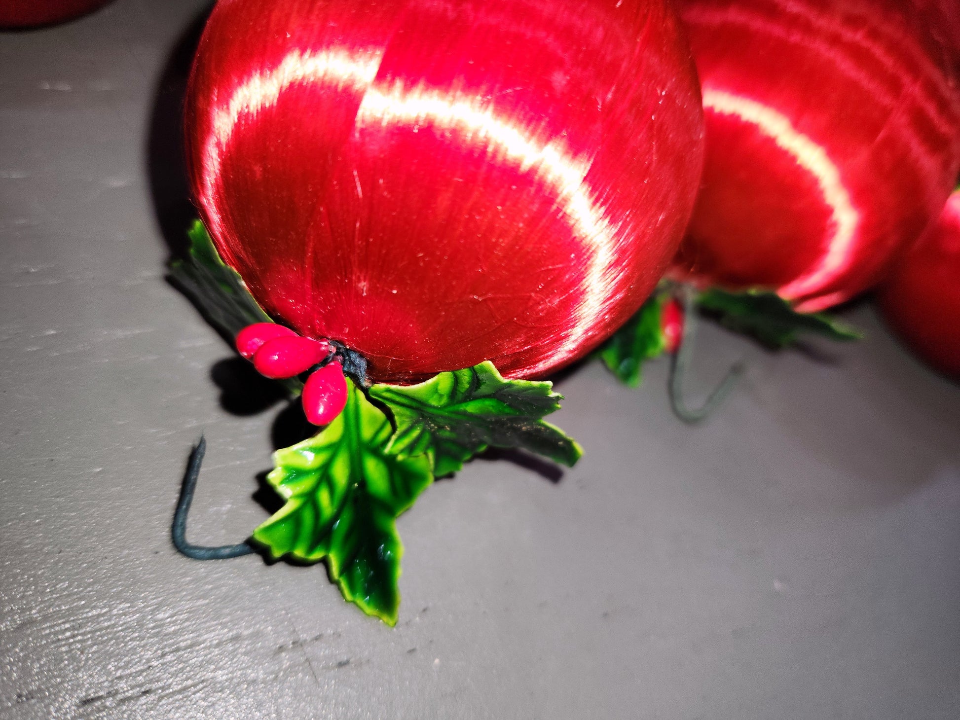 Vintage Red Satin Spun Silk Christmas Ornament 2" Ball With Green Holly Leaf and Green Metal Hanger