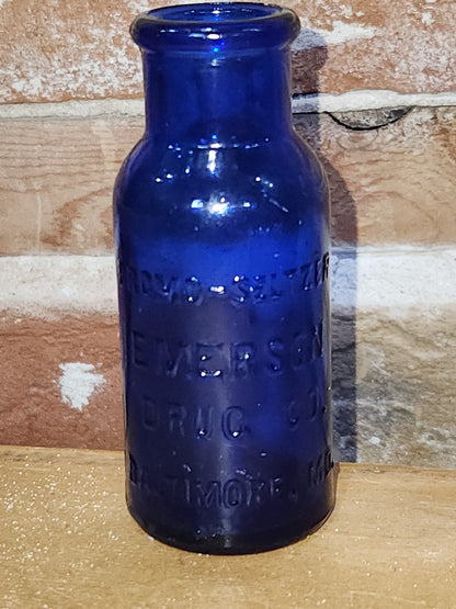 Vintage Medicine Bottle Bromo Seltzer Cobalt Blue Glass Emerson Drug Co Baltimore MD 4" vmb7